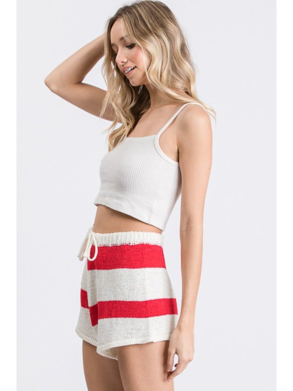 Boho Chic Open Knit Striped Shorts In Red &‎ White